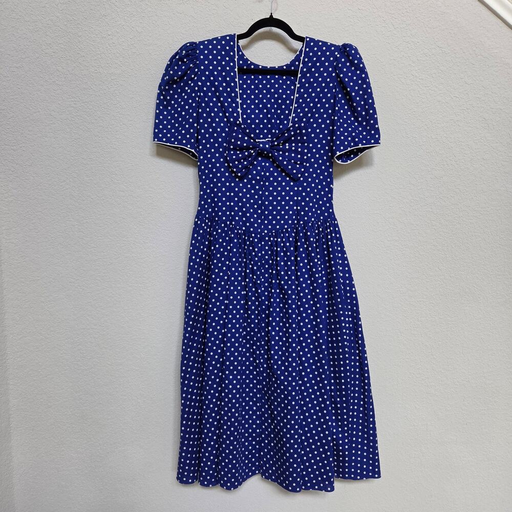Vintage 80s JT Dress Size M Polka Dot Cotton Puff Sleeve Bow USA Rockabilly